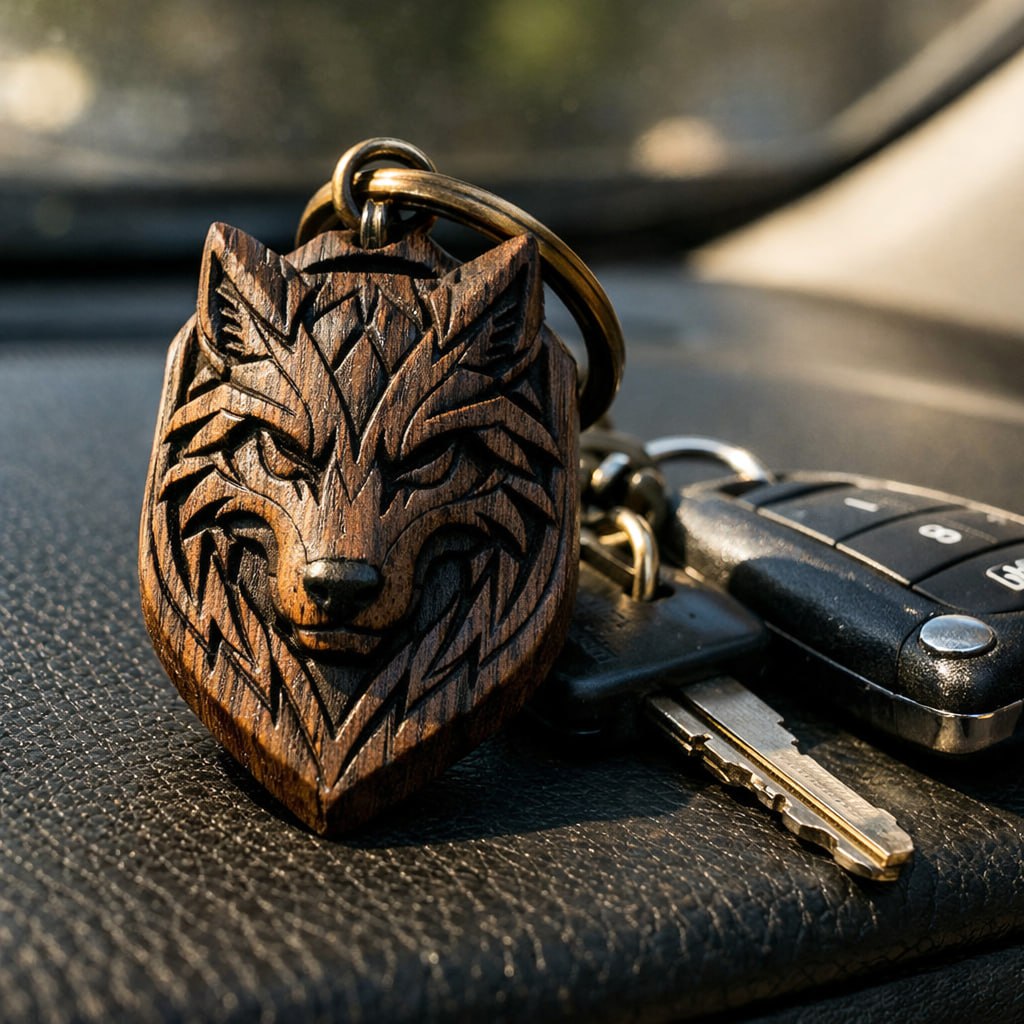 Волк деревянный брелок купить — символ силы и верности, ручная работа СИЛА РОДА